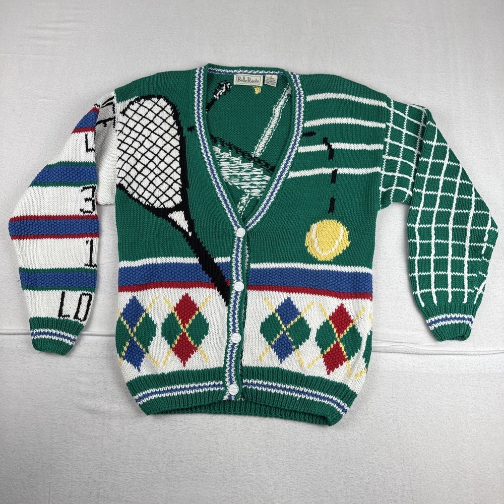 VTG BellePointe Womens Green Tennis Cardigan Sweater Medium 80s Preppy
